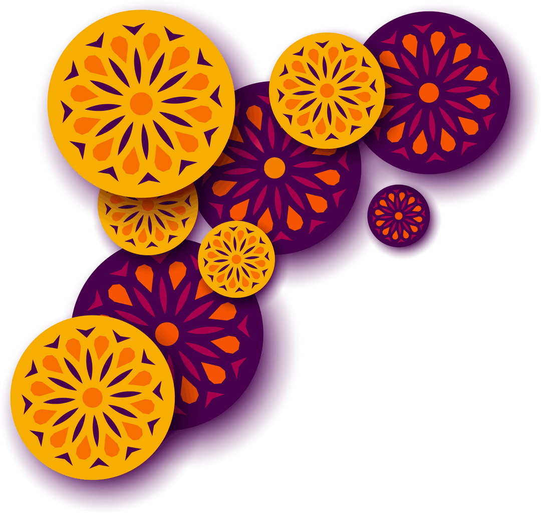 Layered Floral Mandala Discs on Transparent Background with Shadows