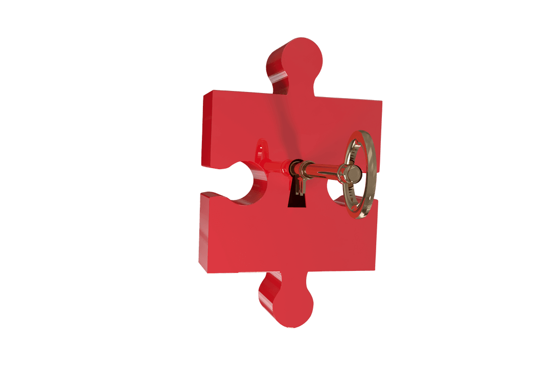 Red Puzzle Piece with Key and Keyhole on Transparent Background