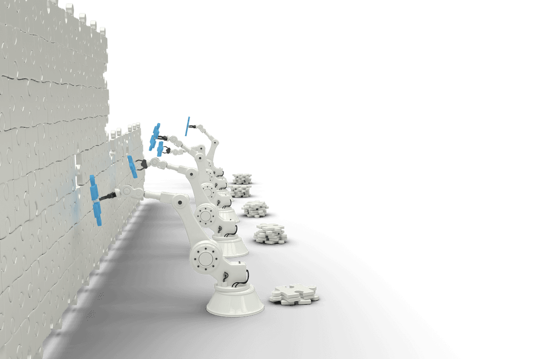 Transparent Robotic Arms Placing Puzzle Pieces in 3D Illustration