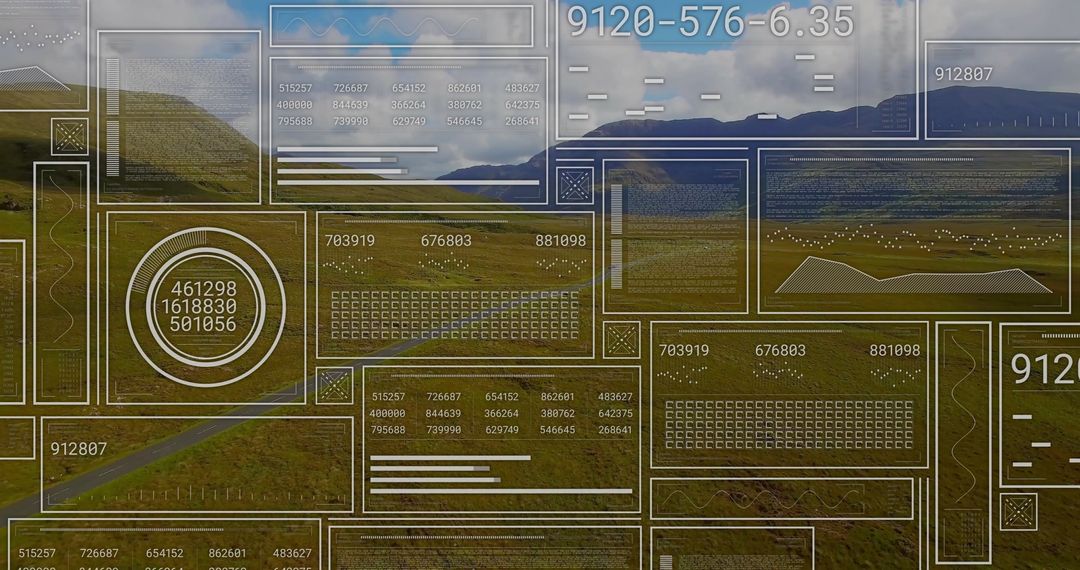 Futuristic Digital Data Overlay on Scenic Landscape