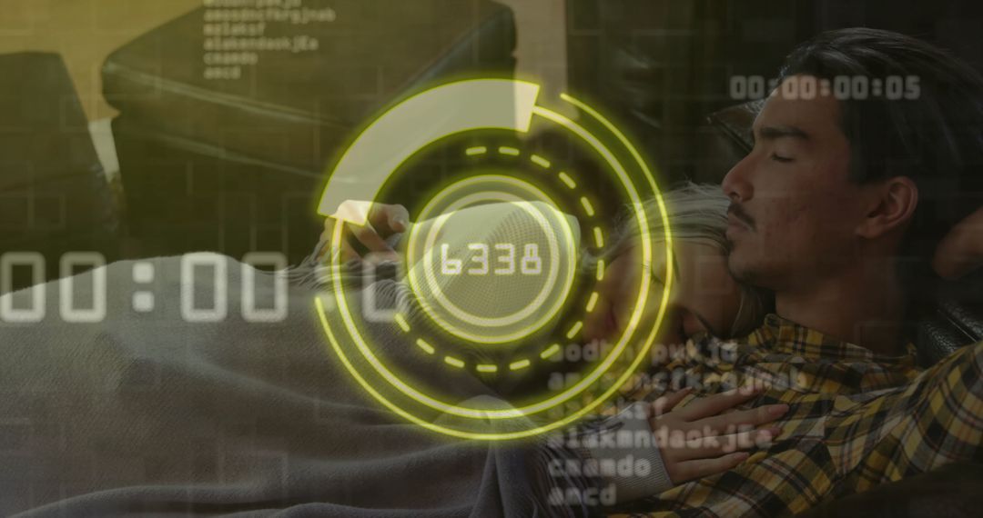 Couple Relaxing on Sofa with Tech and Data Overlay