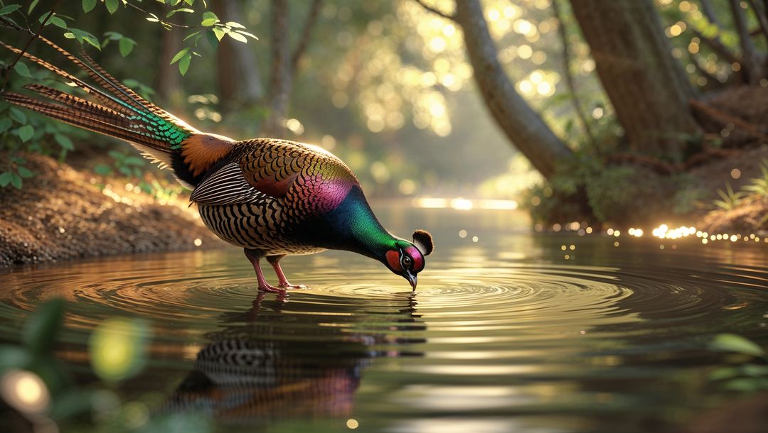 Iridescent pheasant animal drinking in sunlit forest pool