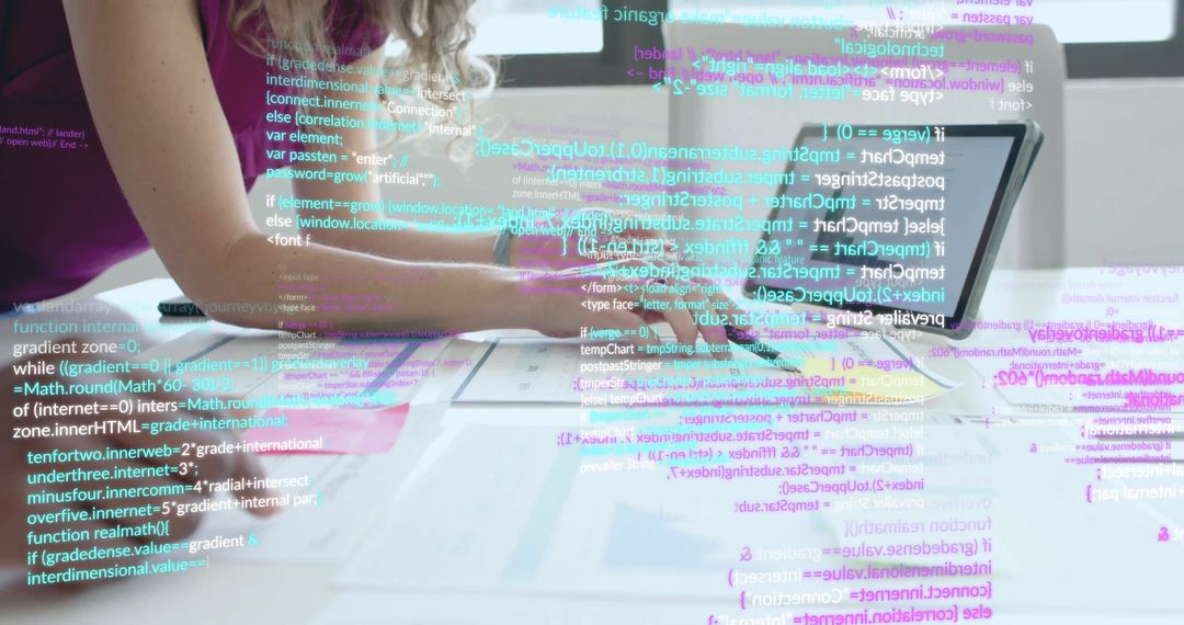 Woman Analyzing Digital Code and Data on Laptop in Modern Office