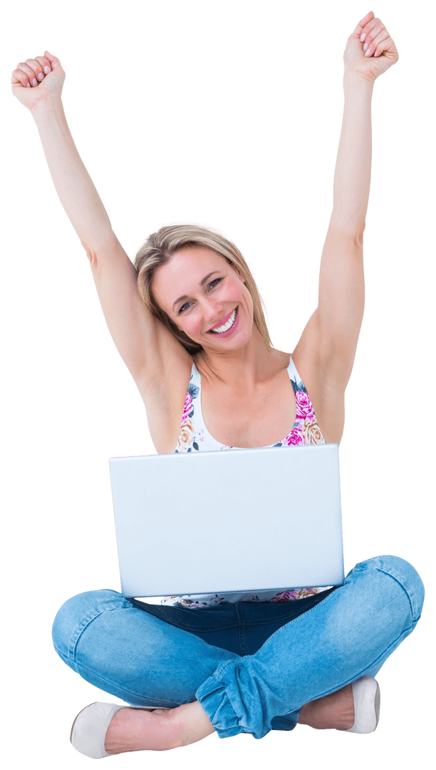 Cheerful Caucasian Woman with Laptop on Transparent Background