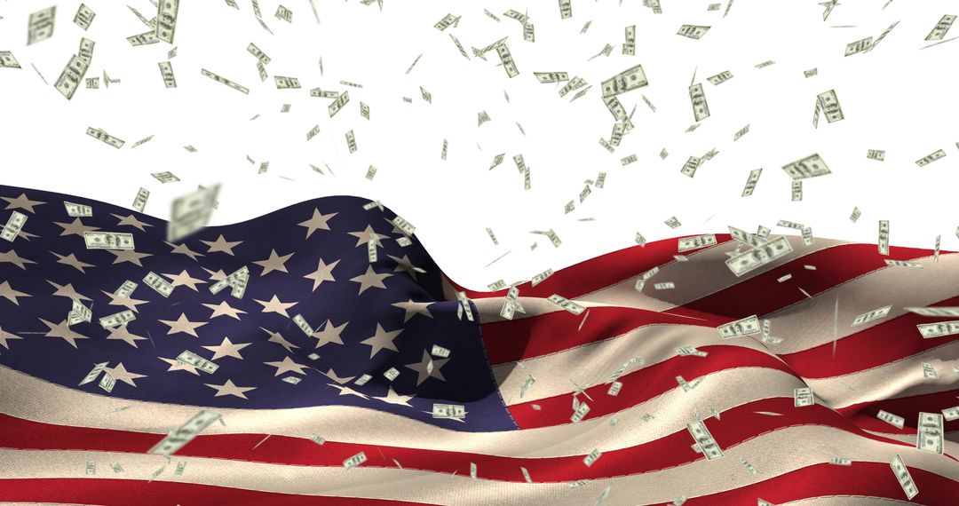 Dollar Bills Falling Over Vibrant American Flag Symbolizing Prosperity