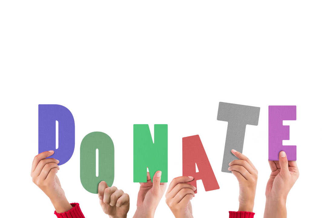 Hands Holding DONATE Letters on Transparent Background