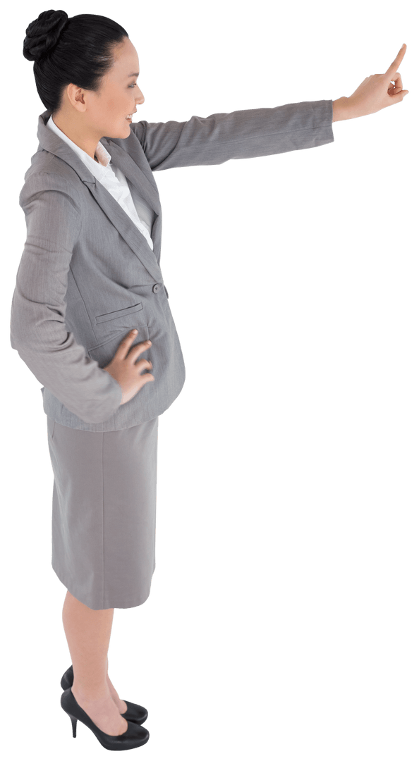 Transparent Smiling Asian Businesswoman Pointing Confidently