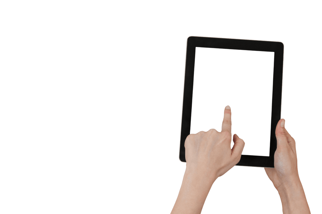 Transparent Digital Tablet Touched by Hands on Blank Background
