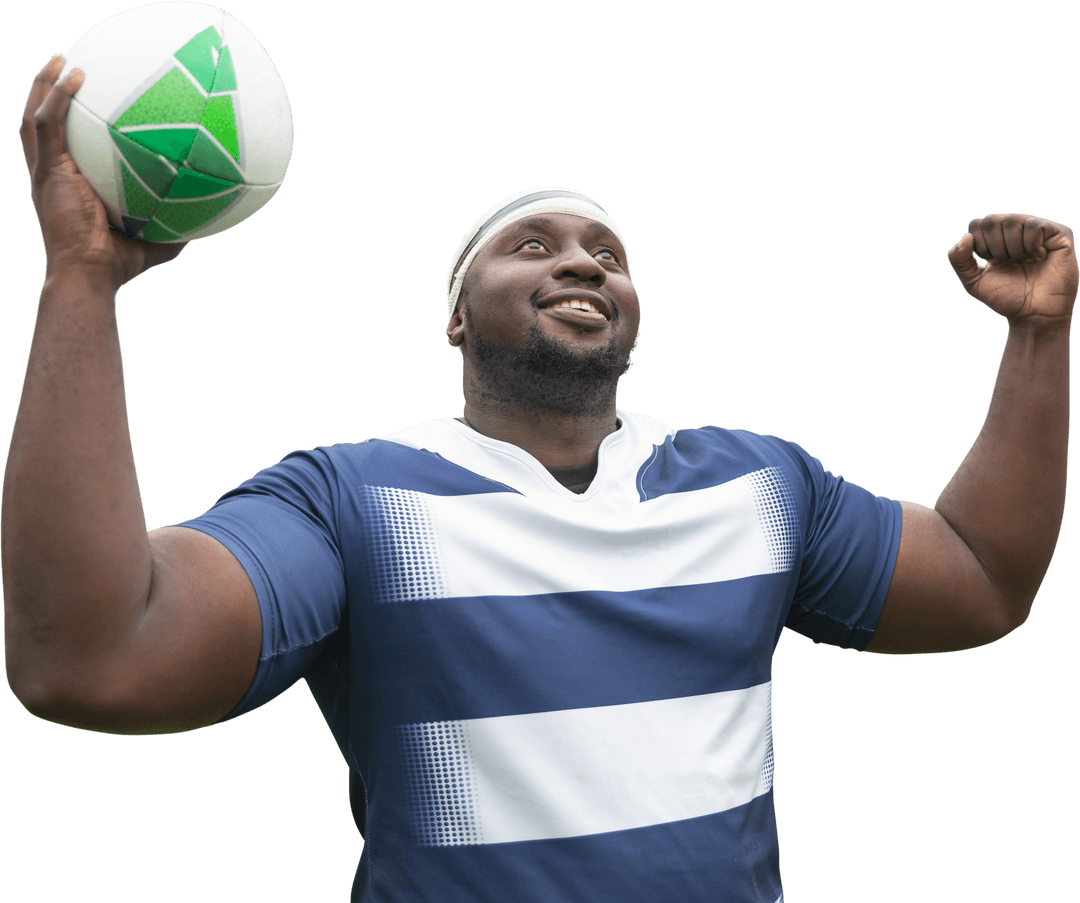 Cheerful African American Rugby Player Celebrating on Transparent Background