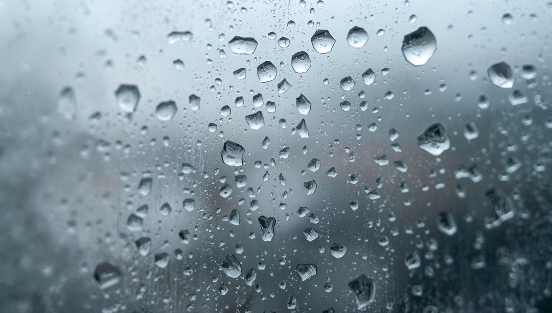 Raindrops Clinging to Windowpane with Blurred Cityscape for Moody Weather Texture