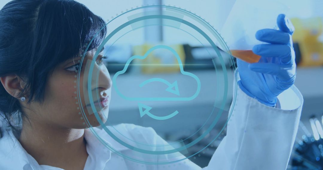 Scientist Examining Liquid with Digital Cloud Data Graphics