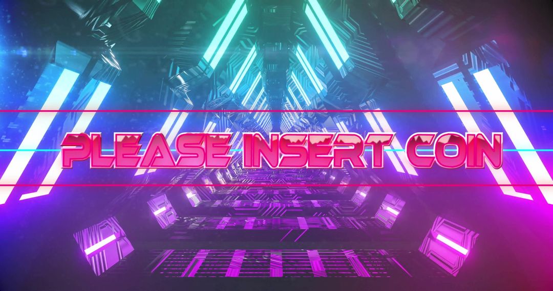 Futuristic Neon Coins Message in Sci-Fi Corridor