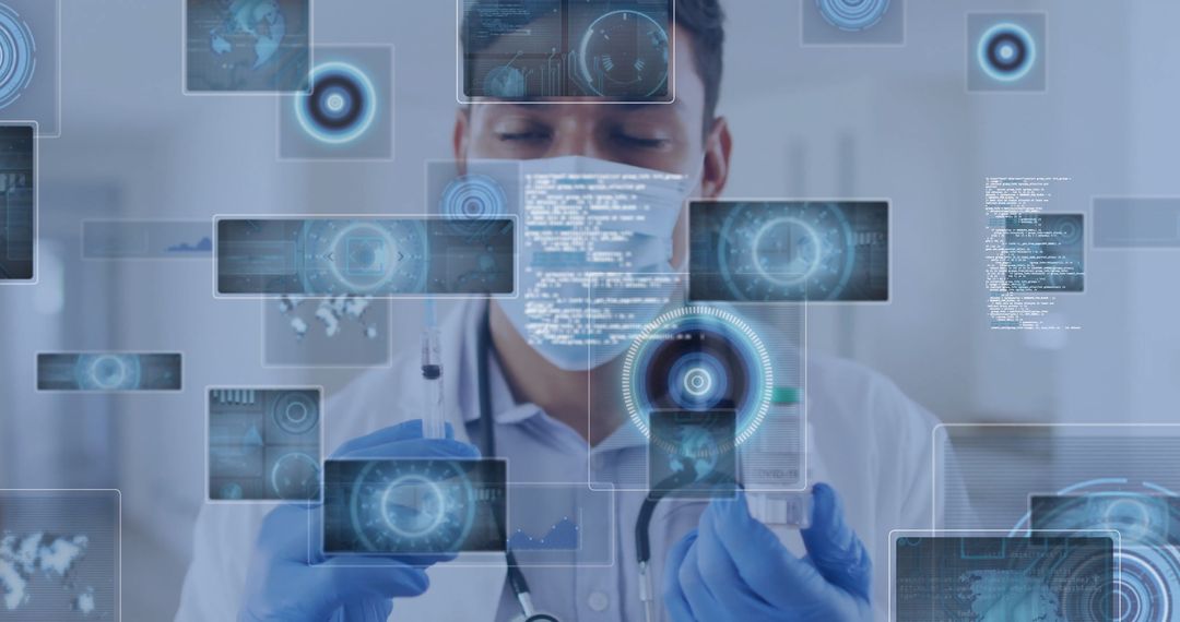 Clinician Preparing Injection Amid Futuristic Digital Data Panels