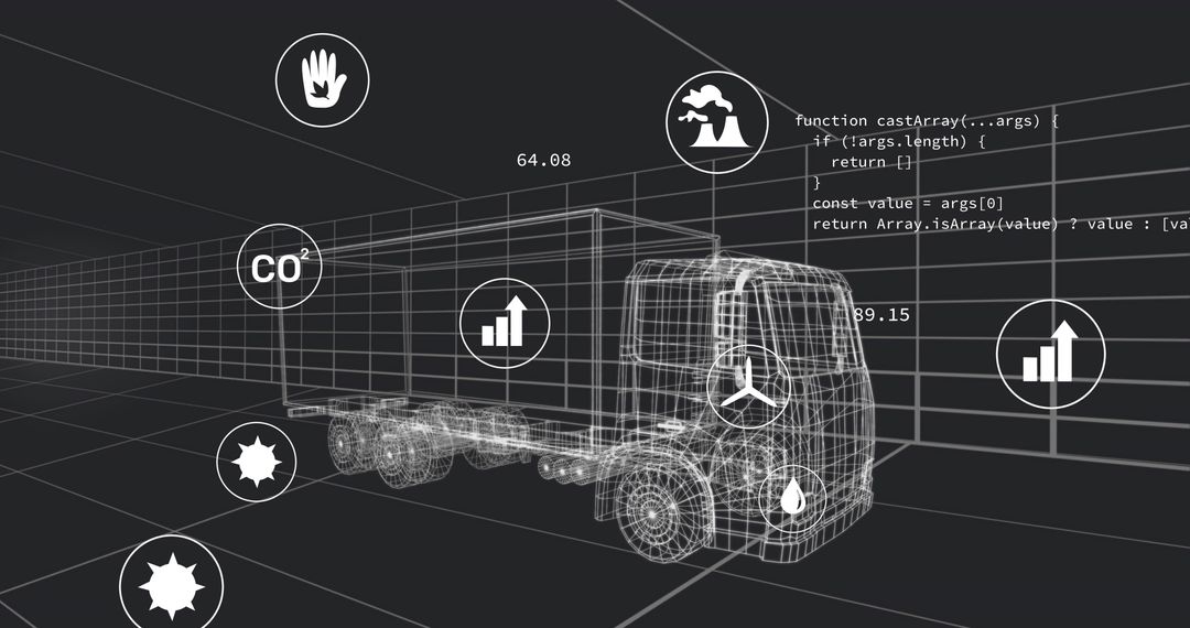Wireframe Truck Telemetry with CO2 Analytics and Dashboard Overlays in Virtual Warehouse