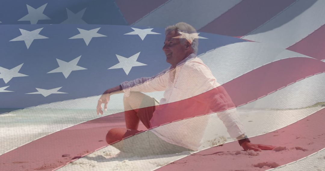 Joyful Senior Man on Beach Blending with American Flag