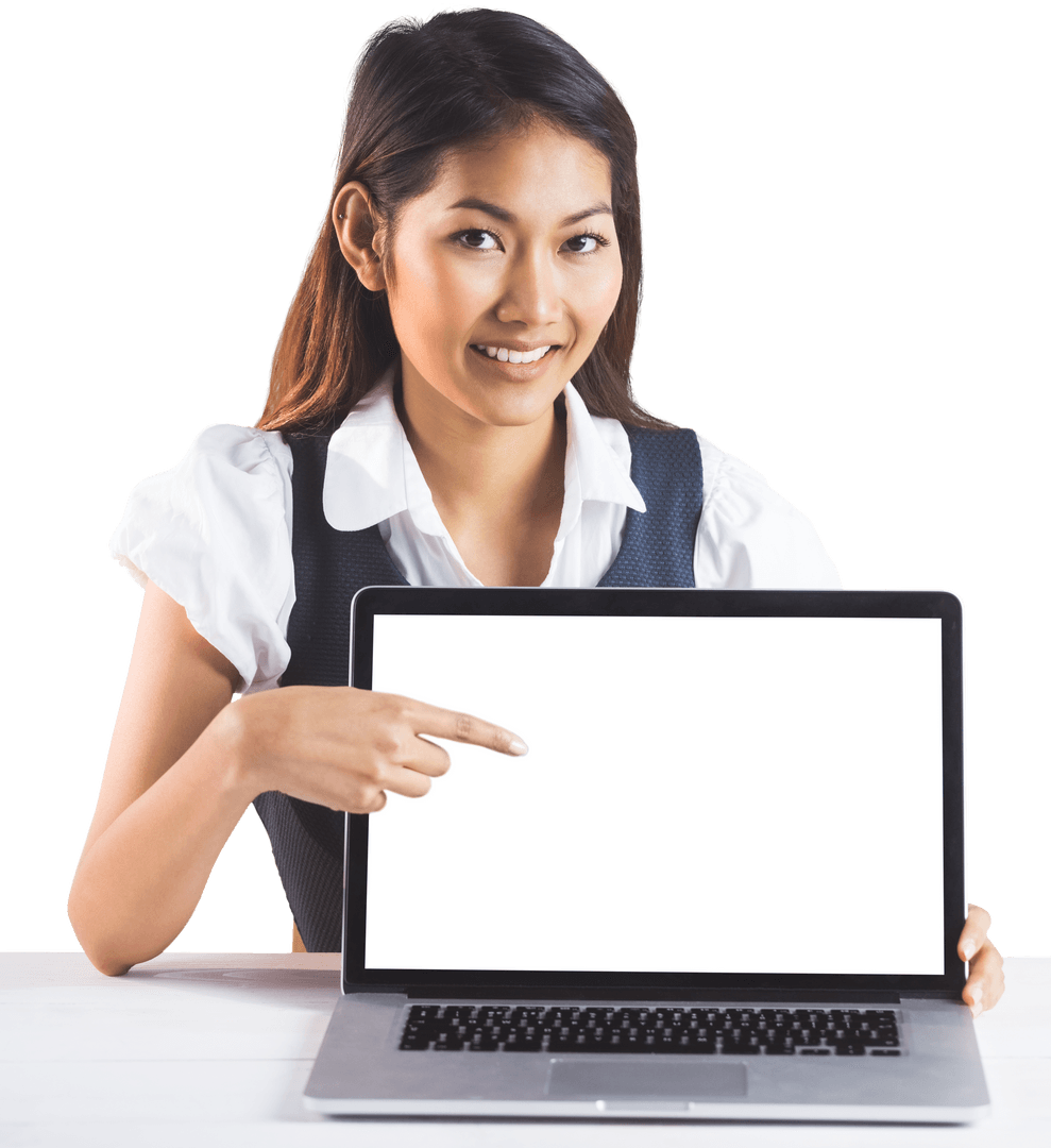 Smiling Businesswoman Presenting Transparent Laptop Screen