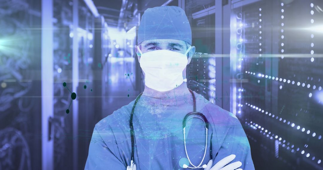 Surgeon in Server Room with Digital Overlay