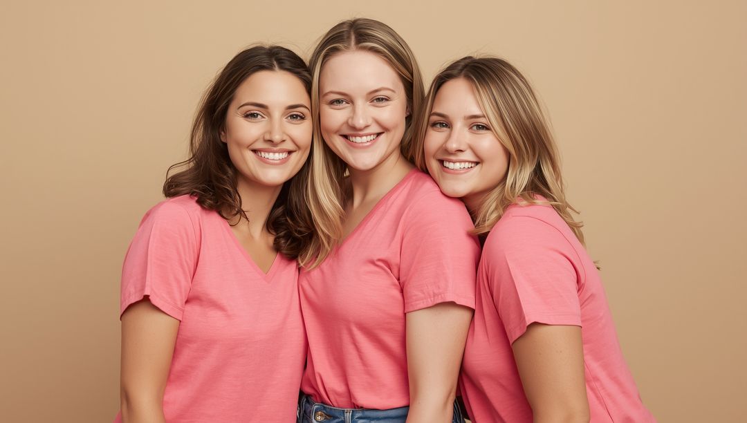Smiling Female Friends Bonding in Matching Pink T-Shirts