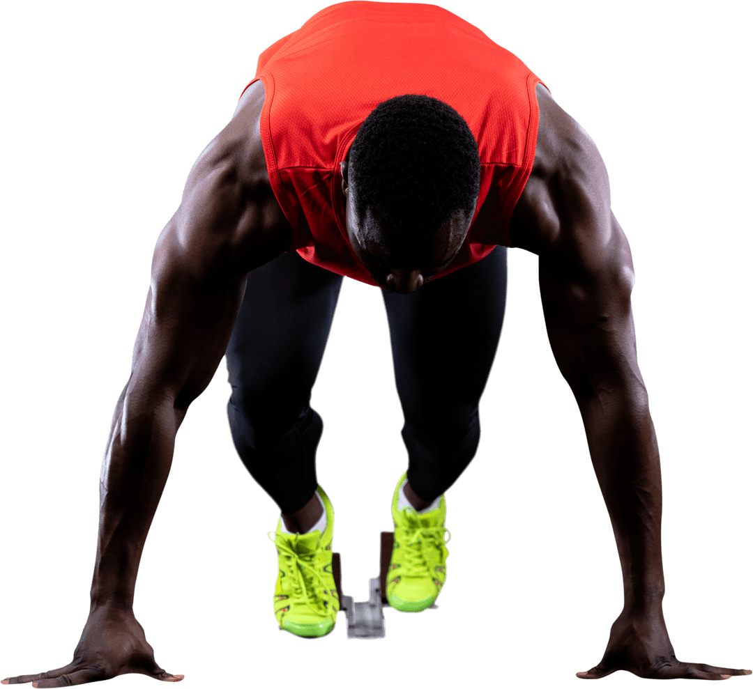 Transparent Male Sprinter on Starting Blocks Powering into Race