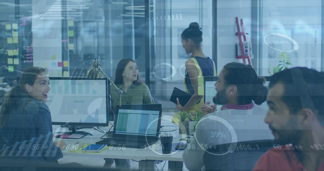 Diverse Team Celebrating Sales Success with Technology Overlay