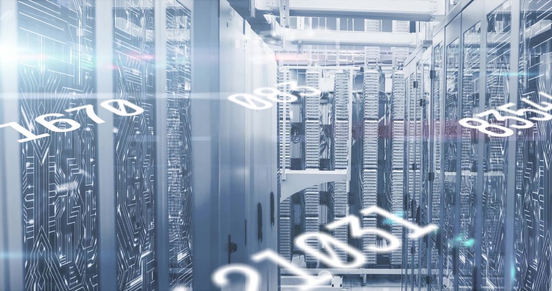 Futuristic Data Center with Glowing Racks and Binary Projections