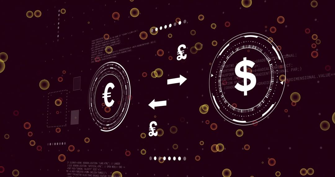 Futuristic Currency Exchange HUD with Dollar, Euro, Pound Symbols and Digital Code Overlay