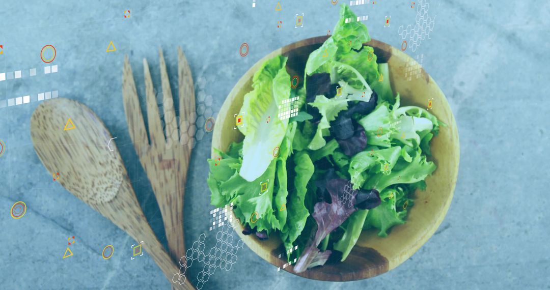 Fresh Salad With Wooden Servers and Futuristic Digital Overlays