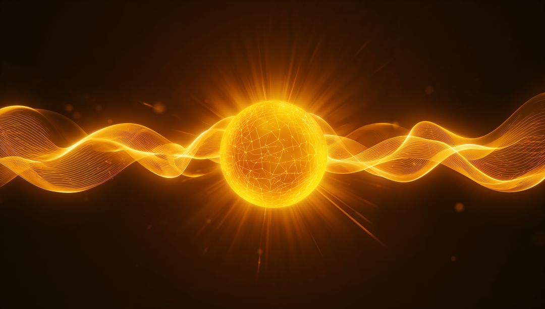 Glowing Golden Orb Emitting Radiant Mesh with Flowing Light Ribbons in Dark Void