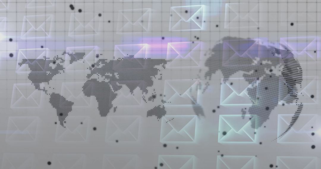 Global Digital Communication: Dotted World Map with Floating Mail Icons