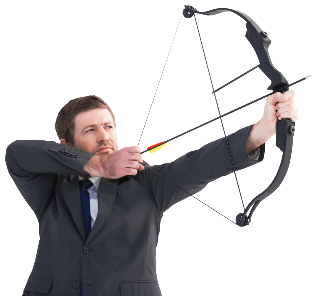 Transparent Businessman in Suit Holding Bow and Arrow