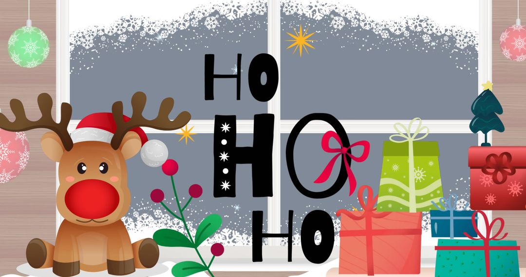 Festive Holiday Scene with Reindeer and Snowy Window