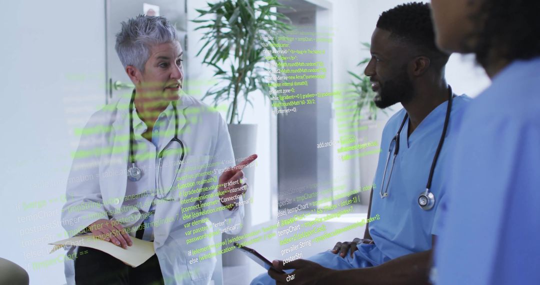 Diverse Doctors Engaging with Digital Medical Data Interface