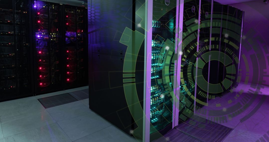 High-tech Computer Server Room with Futuristic Digital Overlay