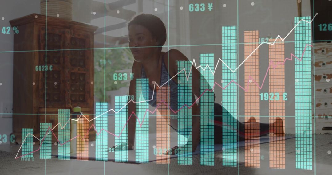 Woman Practicing Yoga at Home with Data Overlay Concept