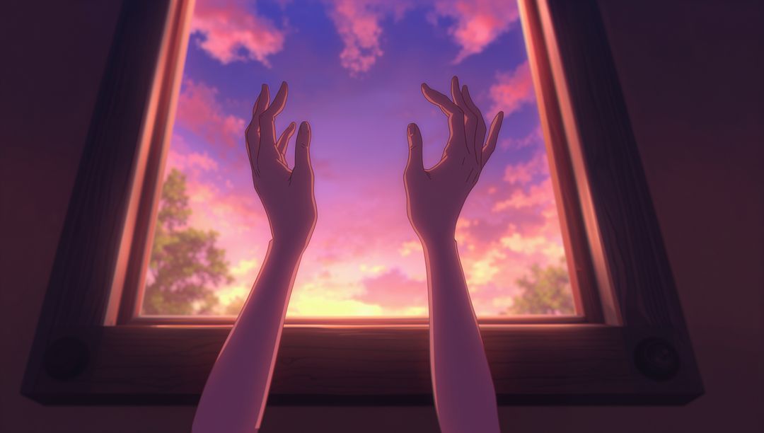 Reaching Hands Framing Sunset Through Open Window at Twilight with Dreamy Pastel Sky