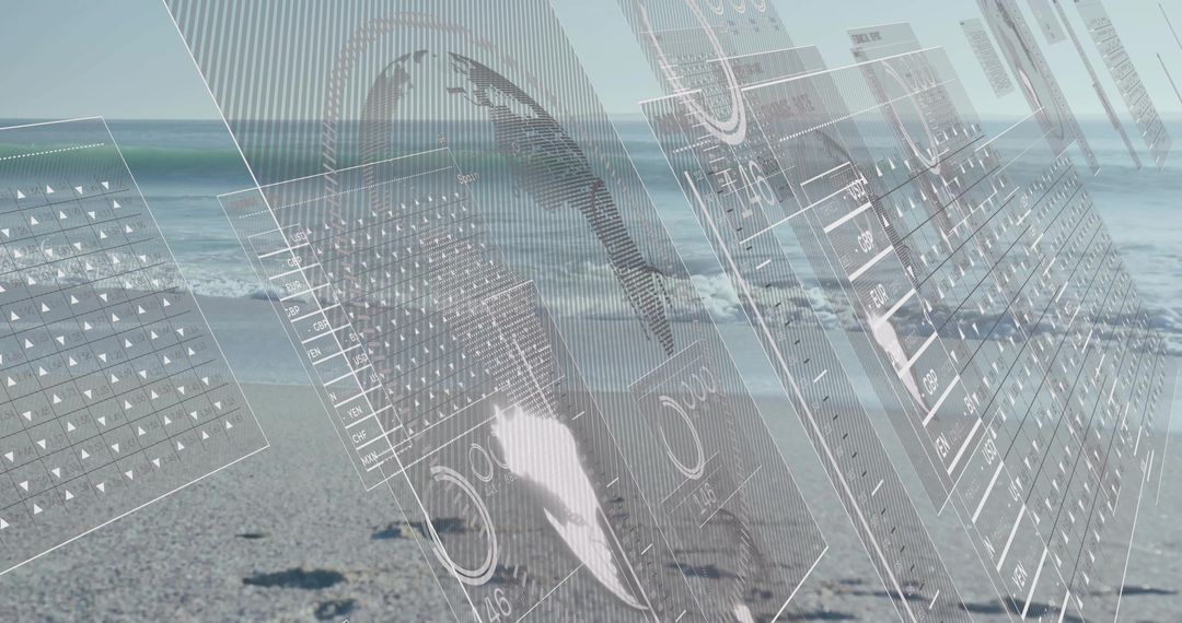 Silhouette Wearing Headset on Beach with Floating Transparent Data Interface and HUD Panels