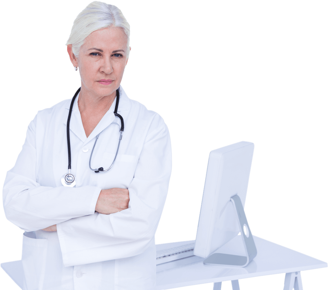 Confident Female Doctor in Transparent Setting with Desk and Digital Background
