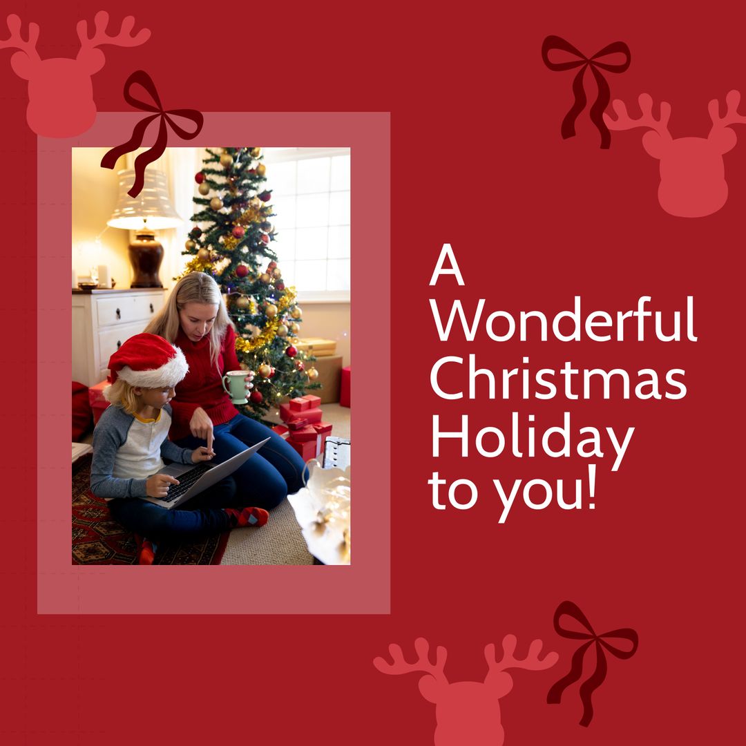 Joyful Mother and Son Sharing Christmas Holiday Moment by Tree