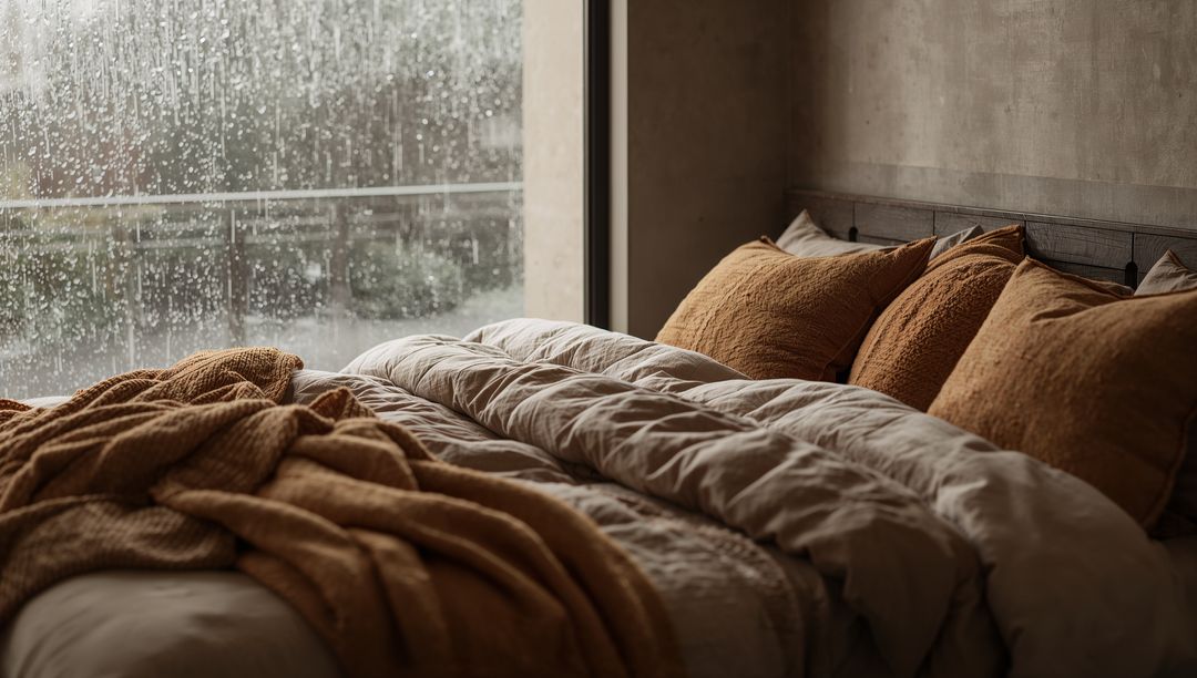 Rain falling outside cozy bedroom with unmade bed, rust pillows and textured duvet