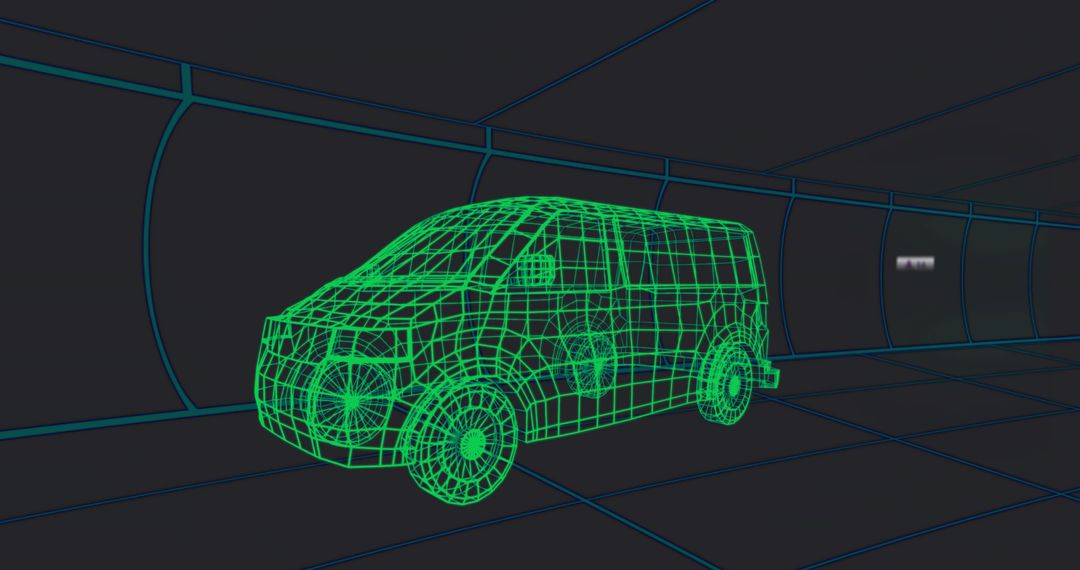 Futuristic Wireframe Van Model in Digital Tunnel
