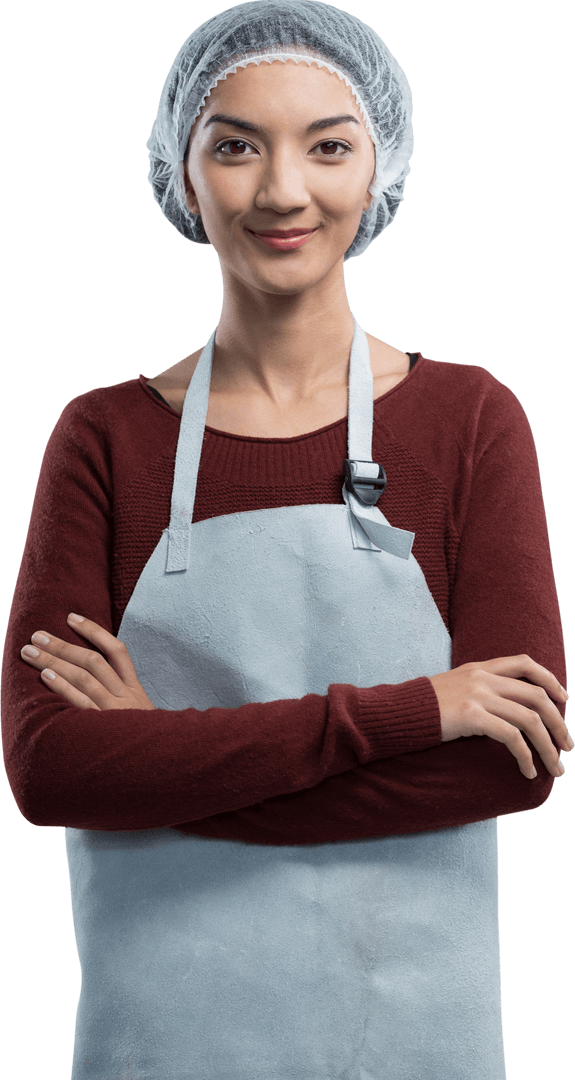Smiling Female Chef in Apron with Arms Crossed on Transparent Background