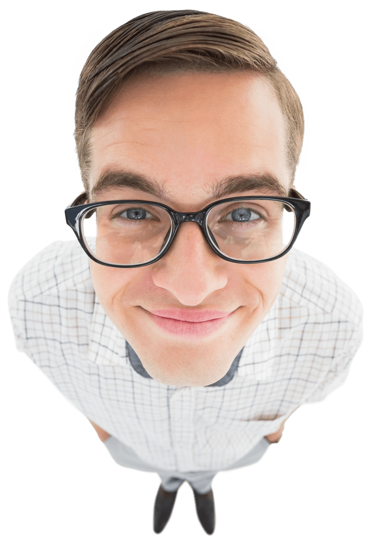 Transparent Young Man with Glasses from Above Smiling