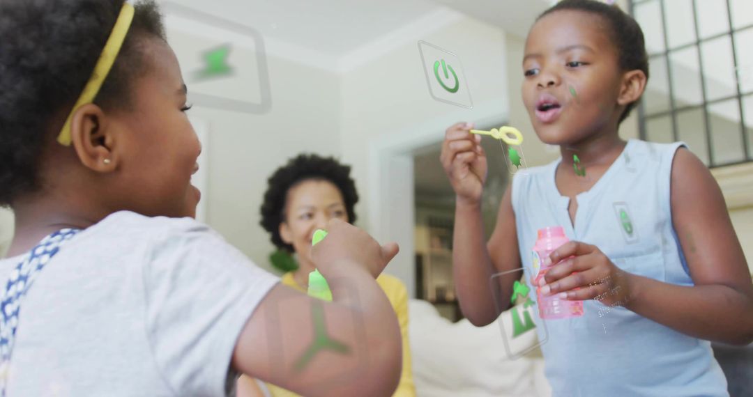 Children Blowing Bubbles Indoors with Futuristic Touchscreen Interface