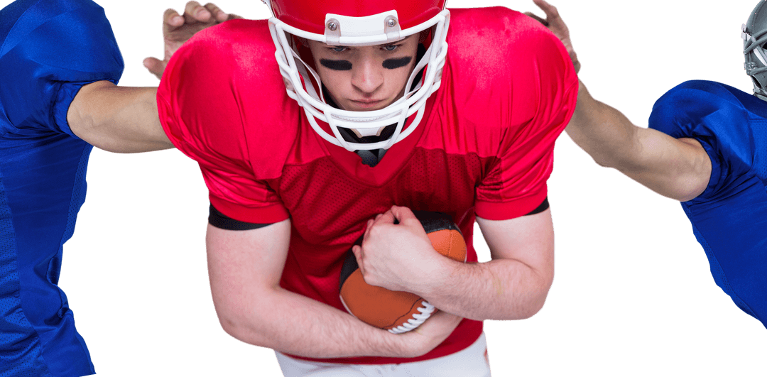 Male american football player carrying ball on transparent background