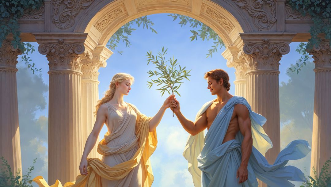 Divine encounter: figures exchanging olive branch in classical setting, forgiveness symbol