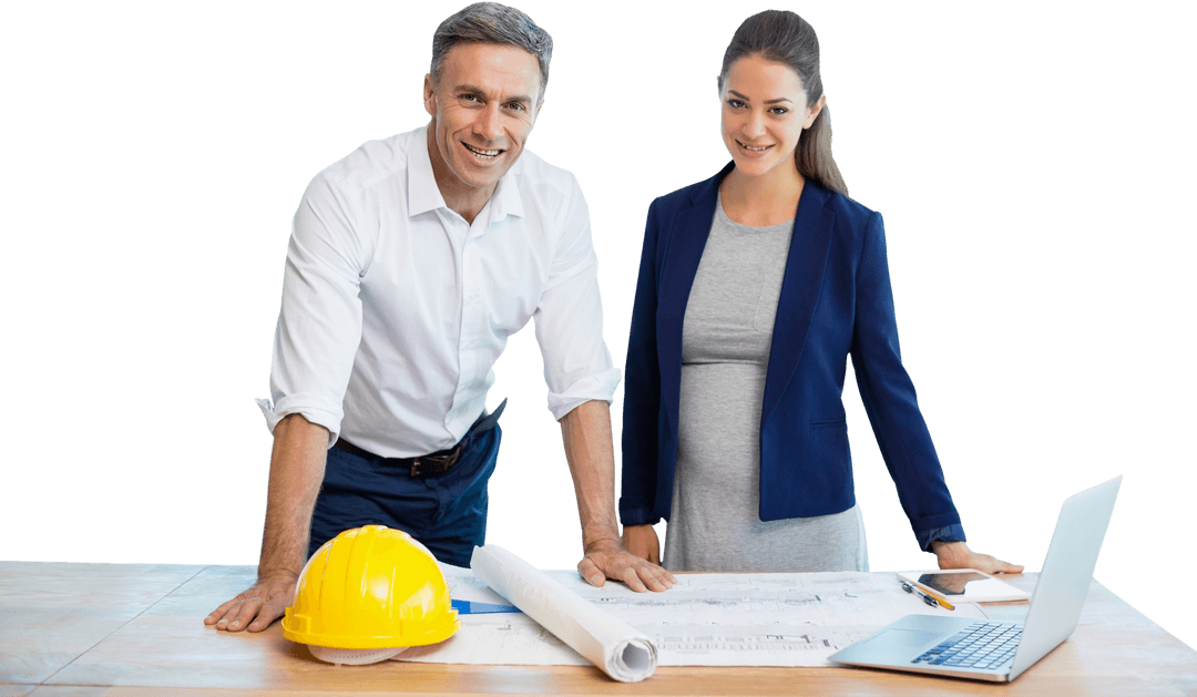 Transparent Happy Architects Reviewing Blueprints on Desk