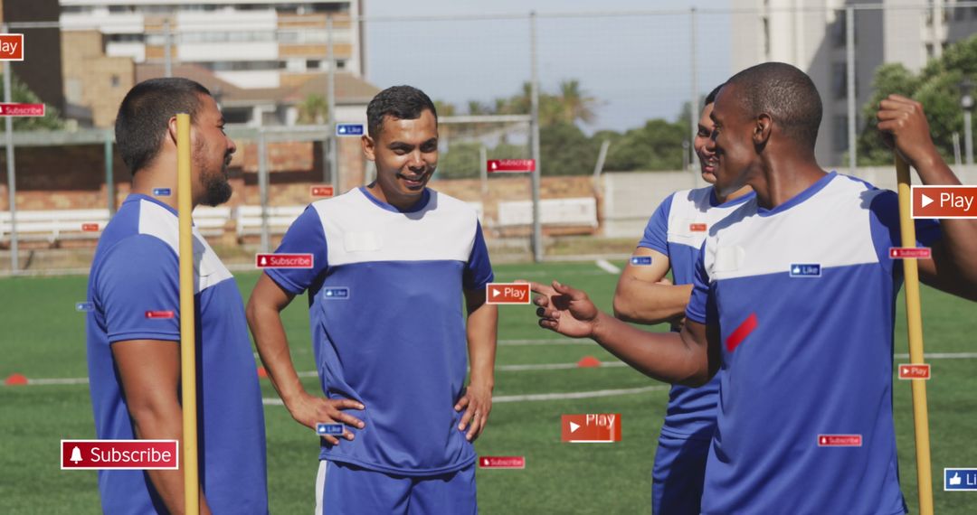 Diverse Soccer Team Discussing Strategy on Field