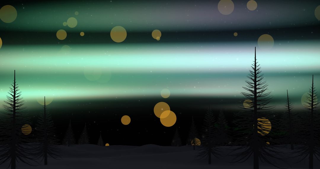 Christmas Night Aurora Over Fir Trees with Festive Lights
