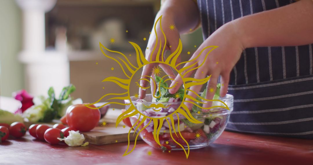 Hands Creating Fresh Vegetable Salad in Rustic Kitchen