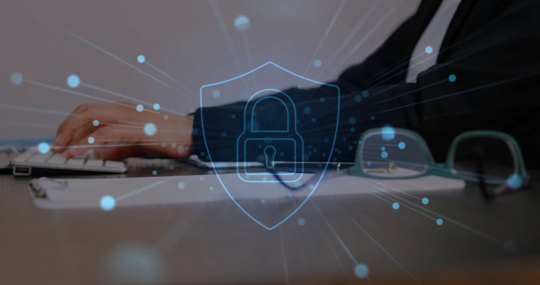 Cybersecurity Shield with Businesswoman Using Computer